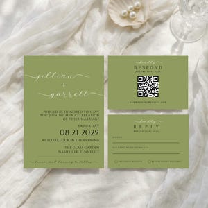 Modelo de convite de casamento verde-oliva | Estilo minimalista com fonte cursiva e confirmação de presença por QR Code (Templet editável)