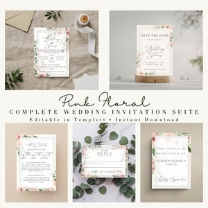 Könnte beinhalten: Ein komplettes Hochzeits-Einladungsset mit rosa floralem Design. Das Set enthält Einladungen, Save-the-Date-Karten, Antwortkarten und Detailkarten. Der Text enthält die Namen des Paares, das Hochzeitsdatum und den Ort.