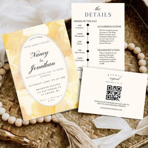 Golden Brushstroke Wedding Invitation Suite | Butter Yellow (Editable Templett Template) | QR Code Double sided RSVP | Wedding Details