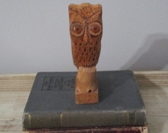 Vintage Owl Figurine, Handmade Wood Owl, 1970's, Boho Wood Owl