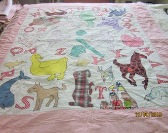 Vintage Crib Quilt, Appliqued Animals and Letters, Pink White Baby Quilt,  Mid Century, Rustic, Farmhouse