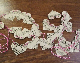 Sheet Music Heart Garland Bunting, Vintage, Antique Sheet Music and  Red, Black/Blue and White Twine, Party Supplies, Made to Order