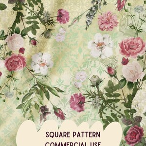 May include: A digital surface pattern featuring a light green damask background overlaid with various pink, white, and yellow roses, green leaves, and stems. The text SQUARE PATTERN COMMERCIAL USE 6000X6000PX is printed in dark brown on a cream-colored shape.