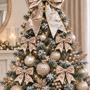 May include: A flocked Christmas tree decorated with numerous champagne-coloured velvet bows, round ornaments in matte, shiny, and ribbed finishes, and small warm white string lights nestled among the frosted green pine needles and branches.