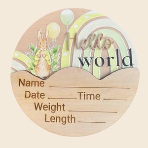 May include: A circular wooden birth announcement sign featuring a watercolor illustration of a rabbit, green balloons, and a rainbow. The text "Hello world" is displayed in raised lettering. Below, engraved lines provide spaces for Name, Date, Time, Weight, and Length.