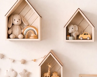 Set of 3 Wooden House Shelves | Nursery Wall Decor |  Montessori Kids Room Decor | Wooden Wall Storage | Minimalist Nursery
