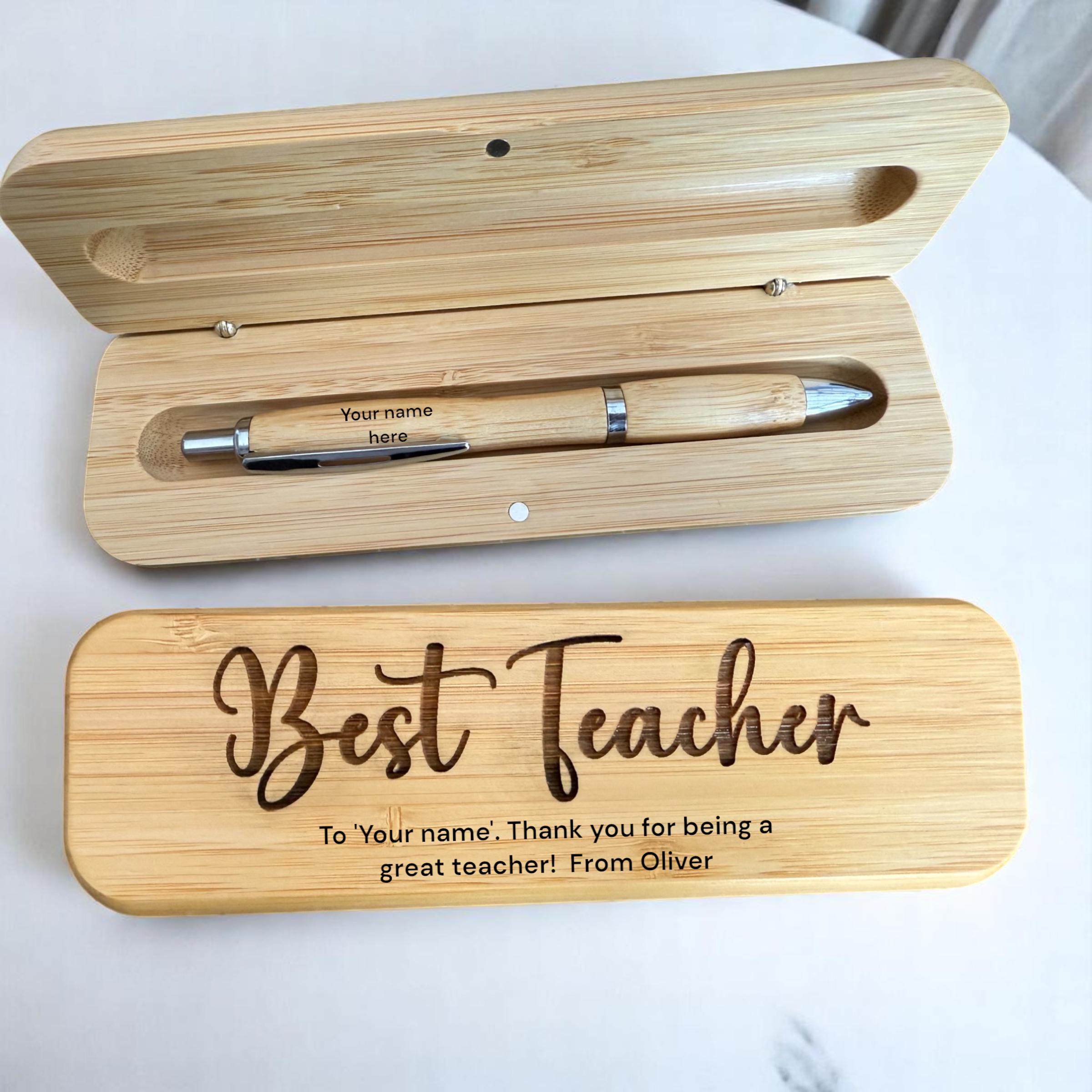 Personalised Engraved Wooden Ballpoint Pen Box Gift Set Teacher ...