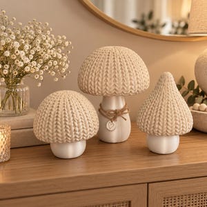 Ensemble de 3 champignons effet tricot | Décoration champignons imprimée en 3D | Accessoires de maison neutres | Ensemble décoratif cottagecore chaleureux | Décoration automnale