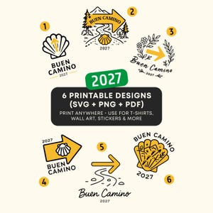 May include: Six digital graphic designs featuring the text Buen Camino and 2027, including illustrations of scallop shells, arrows, mountains, and floral wreaths. The file formats listed are SVG, PNG, and PDF for printing on various surfaces.