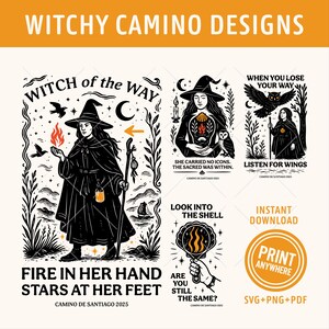 May include: A collection of digital art prints with a witchy theme. The designs feature illustrations of witches, owls, and celestial elements, with phrases like "Fire in Her Hand, Stars at Her Feet" and "Listen for Wings."