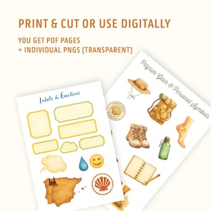 May include: Two white paper sheets with watercolor illustrations. One sheet has labels and emotions, the other has pilgrim gear and personal symbols. Text on the sheets reads "Print & Cut or Use Digitally", "You get PDF pages + Individual PNGs (Transparent)".