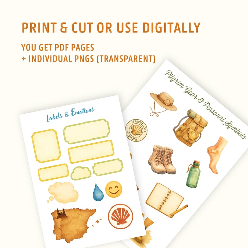 May include: Two white paper sheets with watercolor illustrations. One sheet has labels and emotions, the other has pilgrim gear and personal symbols. Text on the sheets reads "Print & Cut or Use Digitally", "You get PDF pages + Individual PNGs (Transparent)".