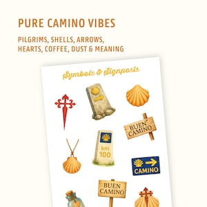 May include: Watercolor illustrations of symbols and signposts related to the Camino de Santiago pilgrimage. The image includes shells, arrows, hearts, and signs that say "Buen Camino". Text at the top reads "Pure Camino Vibes".