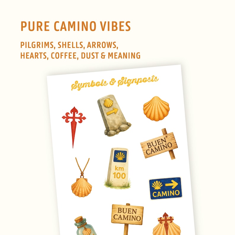 May include: Watercolor illustrations of symbols and signposts related to the Camino de Santiago pilgrimage. The image includes shells, arrows, hearts, and signs that say "Buen Camino". Text at the top reads "Pure Camino Vibes".