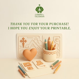 May include: A cream-colored scene with a heart, pencils, and cards. The text reads, "THANK YOU FOR YOUR PURCHASE! I HOPE YOU ENJOY YOUR PRINTABLE." A pencil holder contains several pencils in shades of blue, orange, and yellow.