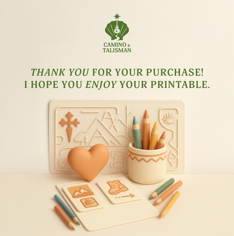 May include: A cream-colored scene with a heart, pencils, and cards. The text reads, "THANK YOU FOR YOUR PURCHASE! I HOPE YOU ENJOY YOUR PRINTABLE." A pencil holder contains several pencils in shades of blue, orange, and yellow.