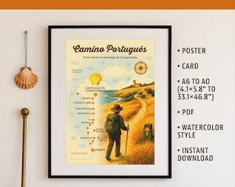 Camino de Santiago Watercolor Map: Porto Coastal Route Art (PDF Download A0 Size)