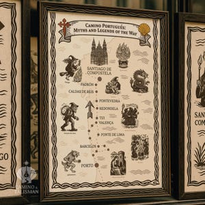 May include: Framed print of a map titled "Camino Portugués: Myths and Legends of the Way." The map features illustrations of mythical creatures and landmarks along a route, with text labels in English. The frame is dark brown.