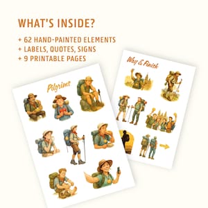 May include: Digital art print featuring watercolor illustrations of pilgrims with backpacks and walking sticks. The print includes the text "Pilgrims" and "Way & Finish", along with the text "What's Inside?" and details about the elements.