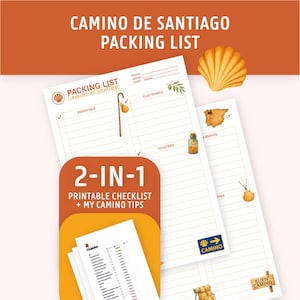 Puede incluir: Una lista de empaque imprimible para la peregrinación del Camino de Santiago. La lista incluye secciones para lo esencial, electrónica y artículos de aseo. El diseño presenta una concha de vieira, un bastón de senderismo y el texto "2-EN-1 LISTA DE VERIFICACIÓN IMPRIMIBLE + MIS CONSEJOS CAMINO."