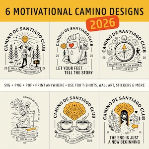 Camino de Santiago SVG-Set: Pilger-Zitate, gelber Pfeil & Muschel (druckbare Designs)