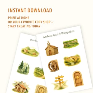 May include: Two printable sheets with watercolor illustrations of landscapes and architectural elements. The sheets include images of houses, trees, a church, a bridge, a water wheel, a signpost, and a door. Text on the sheets reads "INSTANT DOWNLOAD" and "Architecture & Waypoints."