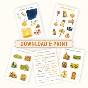 May include: A collection of watercolor illustrations on white paper, featuring nature scenes, symbols, quotes, and architectural elements. The text "DOWNLOAD & PRINT" is displayed prominently. The illustrations include a night sky, flowers, and a sunset.