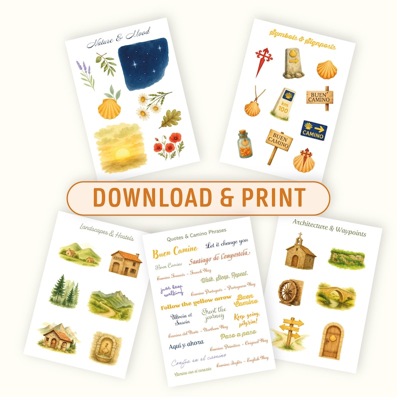 May include: A collection of watercolor illustrations on white paper, featuring nature scenes, symbols, quotes, and architectural elements. The text "DOWNLOAD & PRINT" is displayed prominently. The illustrations include a night sky, flowers, and a sunset.
