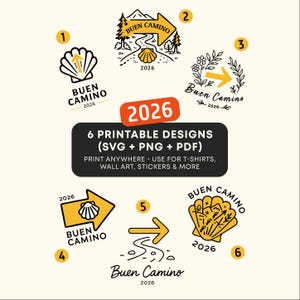 Conjunto para impressão do Caminho de Santiago – 6 flechas amarelas e conchas – SVG PNG PDF – Para camisetas, decoração de parede, canecas, adesivos e presentes cristãos