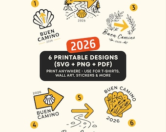 Camino de Santiago Printable Set – 6 Yellow Arrows & Shells – SVG PNG PDF – For T-Shirts, Wall Art, Mugs, Stickers and Christian Gifts