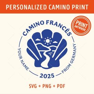 Personalisierter Camino de Santiago Muschel Druck - Buen Camino Wandkunst - Pilgergeschenk - Wandern Dekor - Spanien Reise Poster - Digitales SVG