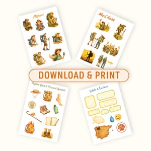 May include: Four sheets of stickers with watercolor illustrations. The top left sheet features pilgrims with backpacks and walking sticks. The top right sheet shows pilgrims on a path. The bottom left sheet has pilgrim gear. The bottom right sheet has labels. The text "DOWNLOAD & PRINT" is in the center.