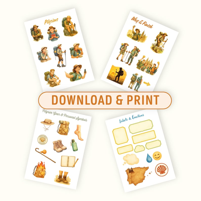 May include: Four sheets of stickers with watercolor illustrations. The top left sheet features pilgrims with backpacks and walking sticks. The top right sheet shows pilgrims on a path. The bottom left sheet has pilgrim gear. The bottom right sheet has labels. The text "DOWNLOAD & PRINT" is in the center.