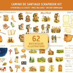 Op de afbeelding: Een scrapbookkit getiteld "CAMINO DE SANTIAGO" met aquarel illustraties. De afbeelding bevat illustraties van pelgrims, waypoints en symbolen. De tekst geeft aan dat er 62 aquarel illustraties zijn inbegrepen, samen met afdrukbare A4-vellen en PNG's.