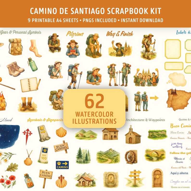 May include: A scrapbook kit titled "CAMINO DE SANTIAGO" with watercolor illustrations. The image includes illustrations of pilgrims, waypoints, and symbols. The text indicates 62 watercolor illustrations are included, along with printable A4 sheets and PNGs.