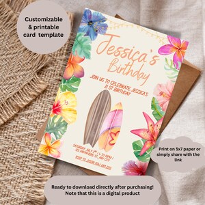 Tarjeta de invitación de aniversario con estampado floral hawaiano editable y personalizada, PNG digital, imprimible para fiesta de cumpleaños número 21, con hibisco surfero