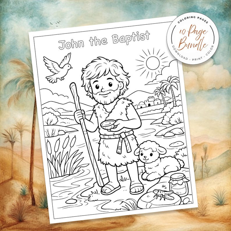 Bible Coloring Page, Sunday School Craft, Baptism Of Jesus, Homeschool Activity, St John The Baptist, Bible Story Activity, Bible Story For Kids, Kid Bible Activities, Christian Homeschool, Catholic Saint, Printable Coloring, Baptism Jesus Color, Catholic Homeschool, preparing the way, john the baptist in prison, the works of John the Baptist, Preaching, discipleship, locusts and wild honey, baptizing in the river, the gospel of john