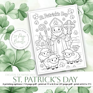 Peut inclure: Une page de coloriage de la Saint-Patrick en noir et blanc avec un dessin animé de la Saint-Patrick, des moutons et une église. Le texte "St. Patrick's Day" et "Christian Coloring and Activity Pages" est inclus.