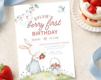 Berry First Birthday Invitation, Editable 1st Birthday Girl Invite, Strawberry First Birthday Girl Invitation, Instant Download