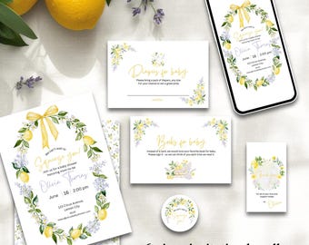 Can't Wait To Squeeze You Baby Shower Invite BUNDLE, Editable Printable Lemon Invitation, Canva Templates