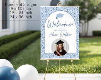 Blue Toile Graduation Sign - Elegant, Printable Grad Signage Party Template, 3 sizes