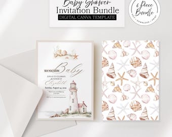 Zestaw zaproszeń na baby shower na plaży, szablon płótna w stylu nadmorskim, zestaw 6 elementów (do pobrania cyfrowego)