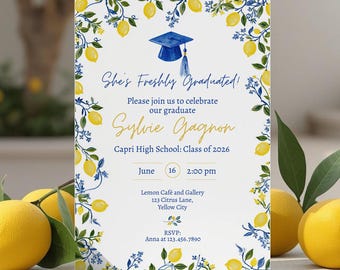 Freshly Graduated Graduation Party Invitation, Lemon Theme, Citrus Stripe, Yellow and Blue Grad, Canva Editable Template, Class of 2026
