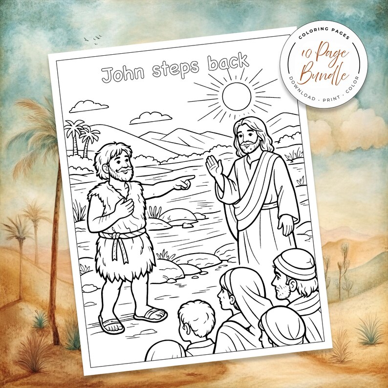 Bible Coloring Page, Sunday School Craft, Baptism Of Jesus, Homeschool Activity, St John The Baptist, Bible Story Activity, Bible Story For Kids, Kid Bible Activities, Christian Homeschool, Catholic Saint, Printable Coloring, Baptism Jesus Color, Catholic Homeschool, preparing the way, john the baptist in prison, the works of John the Baptist, Preaching, discipleship, locusts and wild honey, baptizing in the river, the gospel of john