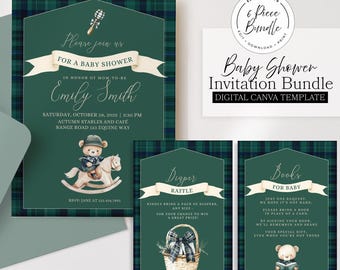 Plaid Baby Shower Invitation Bundle, Rocking Horse, Editable Canva Template (Digital Download)