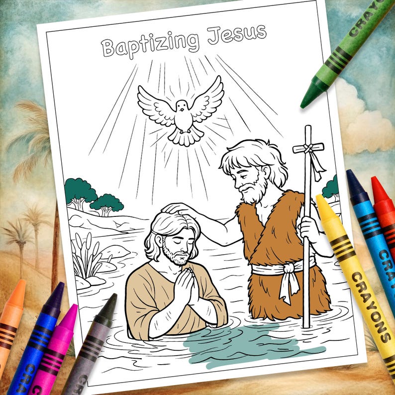 Bible Coloring Page, Sunday School Craft, Baptism Of Jesus, Homeschool Activity, St John The Baptist, Bible Story Activity, Bible Story For Kids, Kid Bible Activities, Christian Homeschool, Catholic Saint, Printable Coloring, Baptism Jesus Color, Catholic Homeschool, preparing the way, john the baptist in prison, the works of John the Baptist, Preaching, discipleship, locusts and wild honey, baptizing in the river, the gospel of john