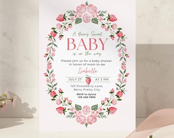 Strawberry Baby Shower Invitation, Pink Printable Berry Sweet, Editable Canva Template