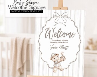 Sports Bear Baby Shower Welcome Sign, Baseball Theme (Instant Download, Canva Template)