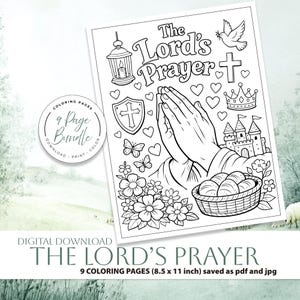 Lord's Prayer Coloring Pages | Bible Activity (Digital Download 8.5x11in, 9 Pages)