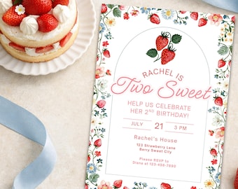 Pink Strawberry Birthday Invitation, Two Sweet, Berry Themed Invite, Canva Editable Template